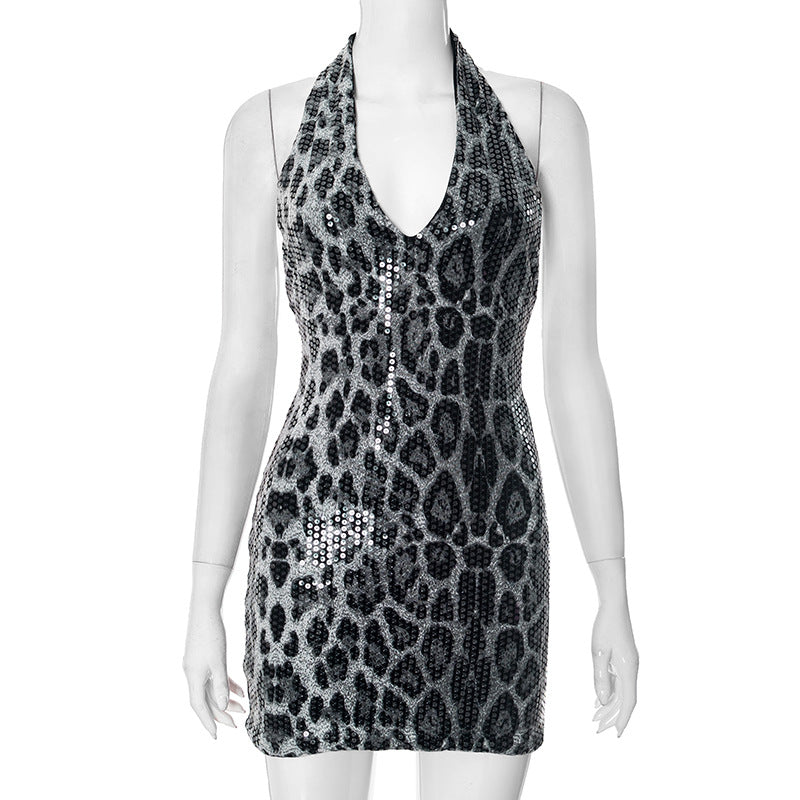 Robe sexy à paillettes léopard et col licou pour femme