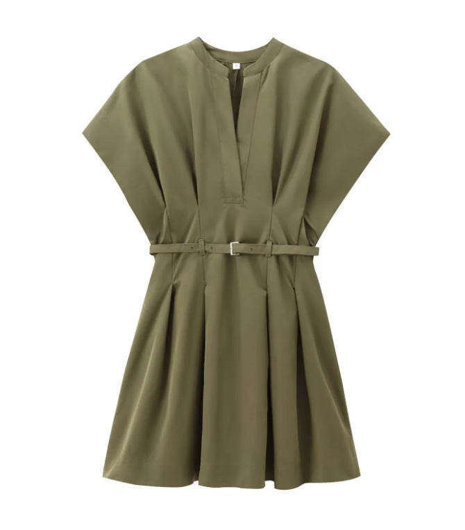 Robe d'été plissée à col en V pour femme, style bureau chic, en coton uni