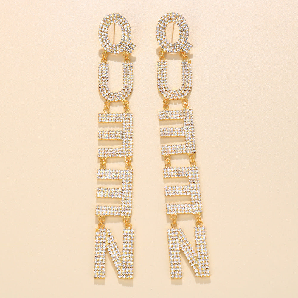 Women Fashion Exaggerated Long Zircon Queen Letter Earrings