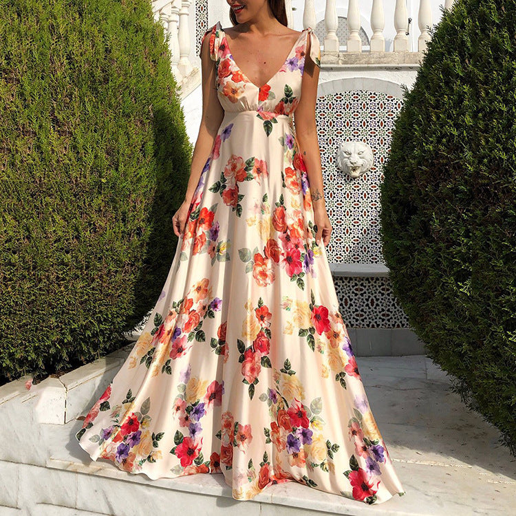 Elegante vestido sin mangas con cuello en V y estampado floral para mujer