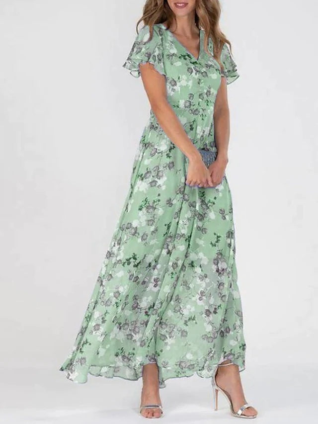 Women Fashion Casual Flower Printed Chiffon Dress