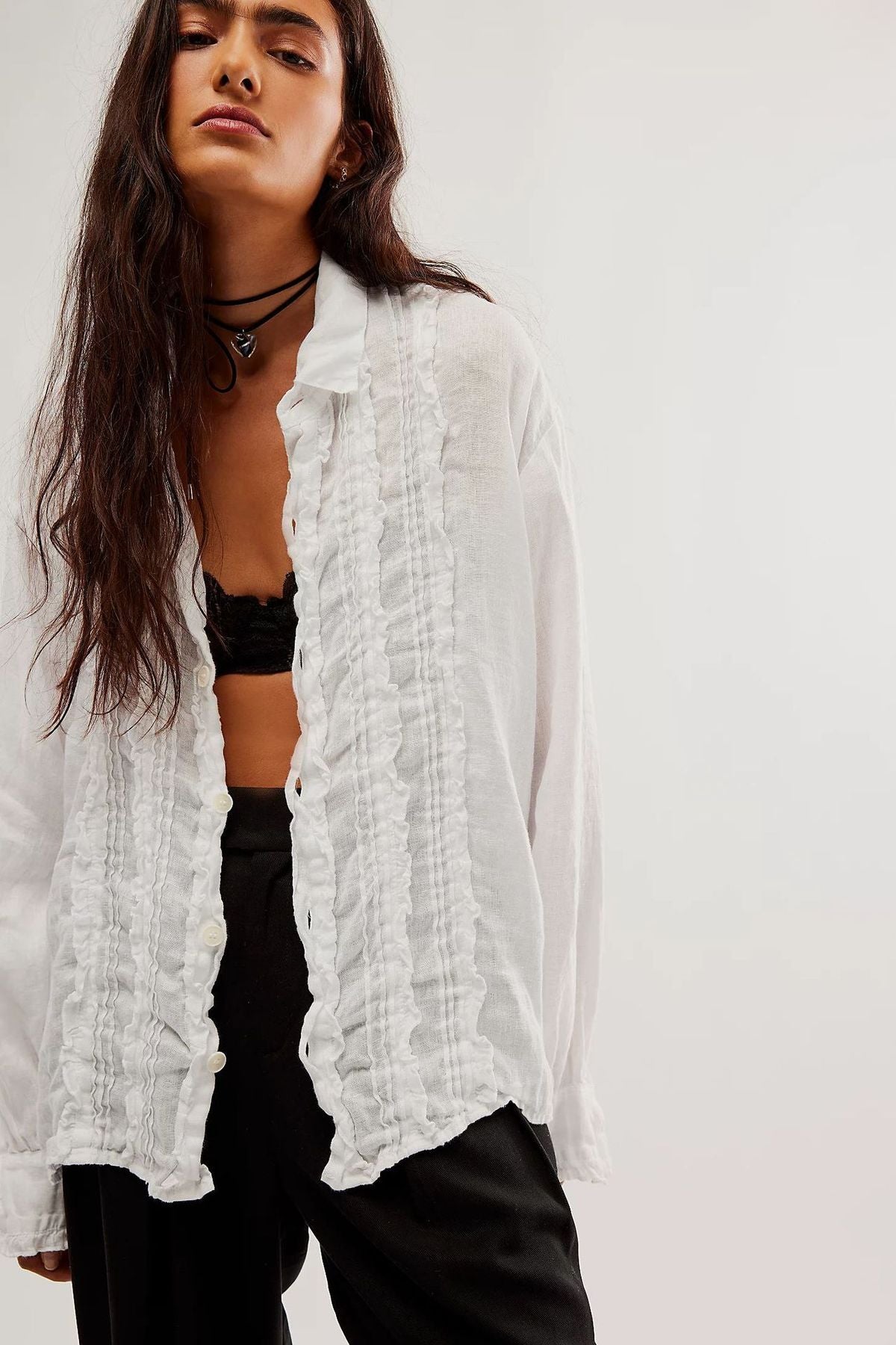 Women Fashion Solid Color Lace Cotton Linen Shirt