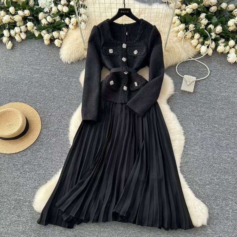 Women Fashion Elegant Stitching Square Neck Long-Sleeve Dress