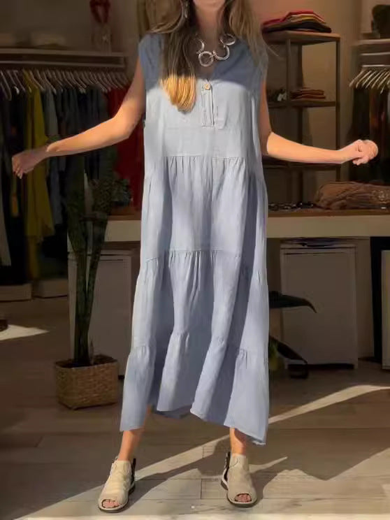 Vestido largo informal de verano para mujer, color liso, con cuello en V