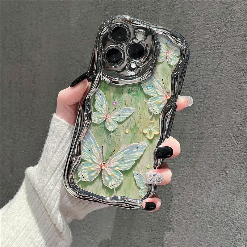 Funda para iPhone galvanizada resistente a caídas con diseño de mariposa y pintura al óleo a la moda para mujer