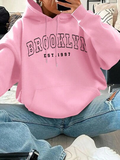 Sweat à capuche ample et décontracté pour femme avec imprimé lettres