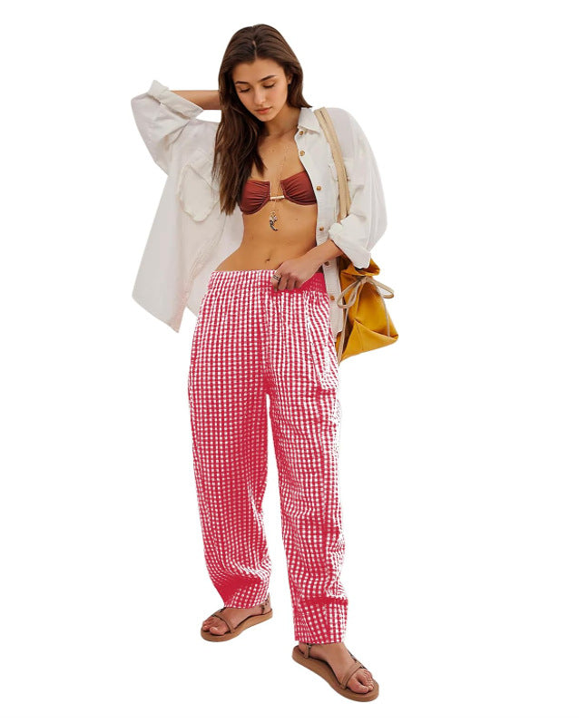 Women Casual Plaid Wide Leg Pocket Pants