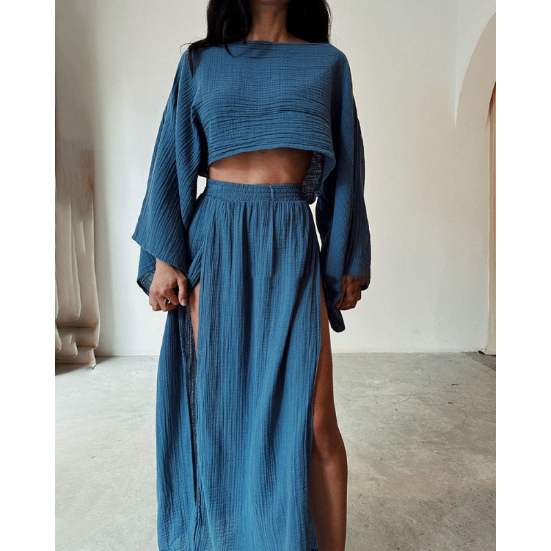 Women Casual Solid Cotton Linen Long Sleeve Crop Top and Skirt Set