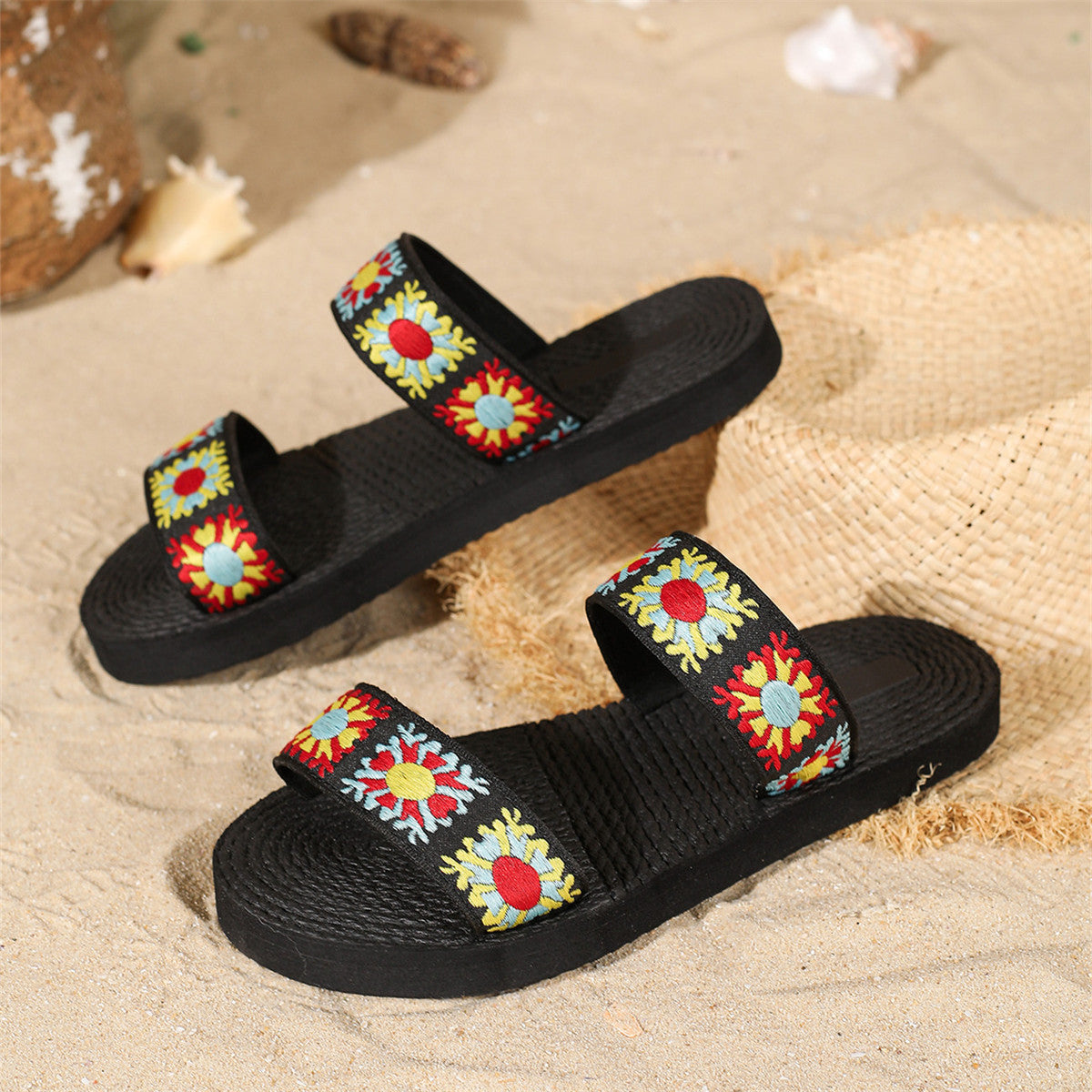 Chaussons plats d'été pour femmes, style bohème, ethnique, vintage, à fleurs