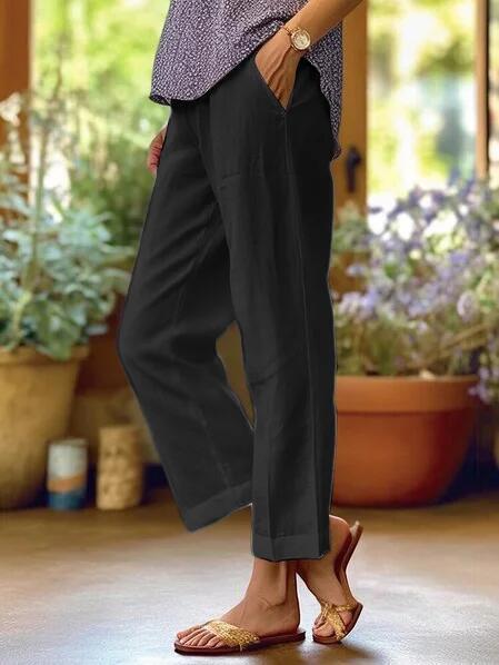 Pantalones casuales de lino y algodón de color liso a la moda para mujer
