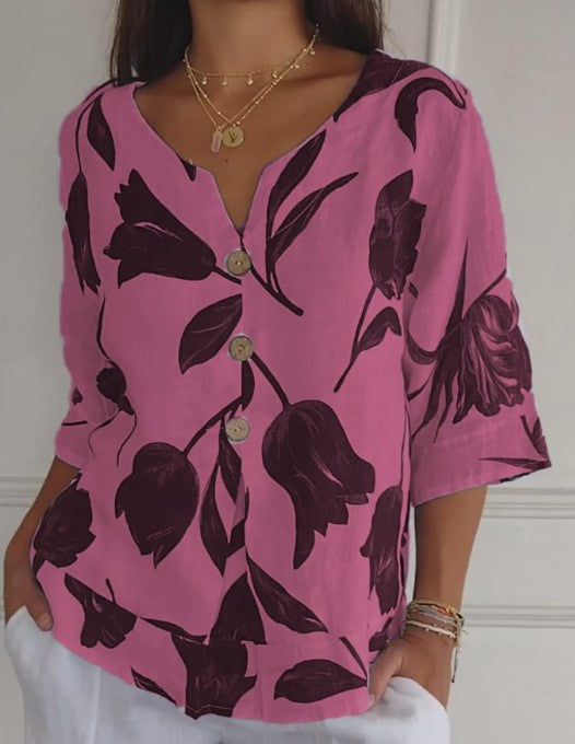 Blusa informal de lino y algodón con estampado floral para mujer