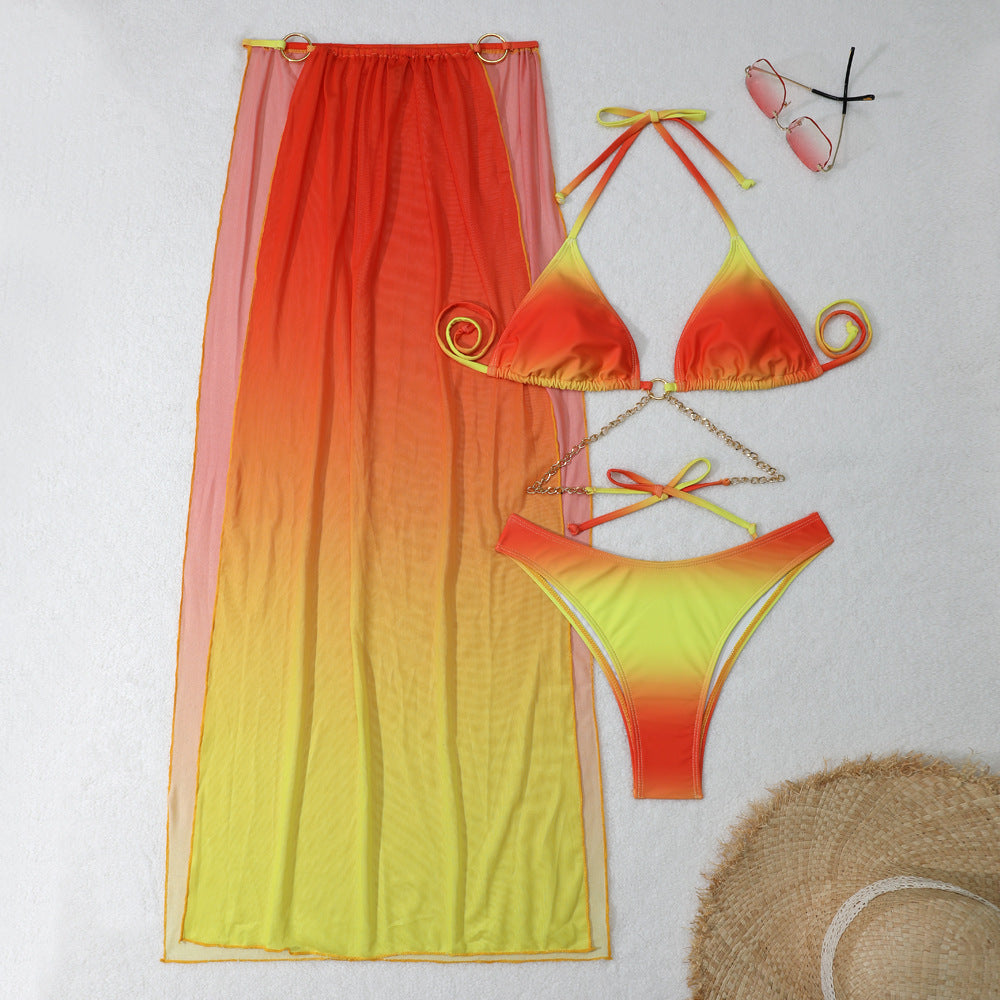 Women Sexy Gradient Mesh Drawstring Strap Bikini Set