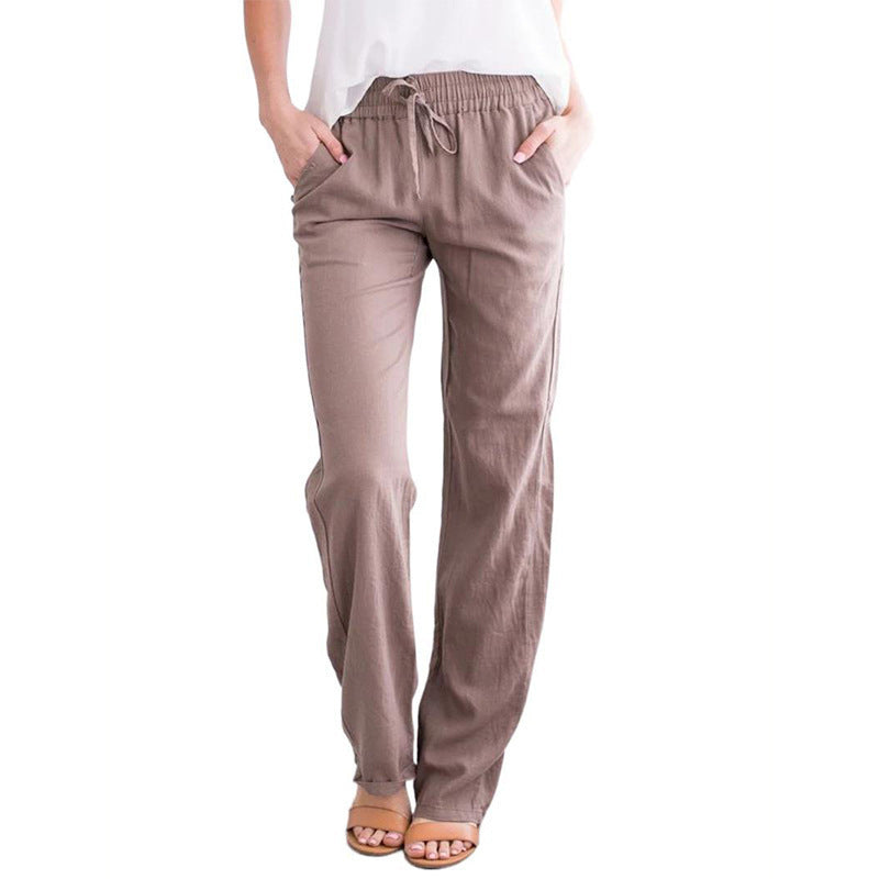 Pantalones casuales de algodón y lino de color sólido para mujer