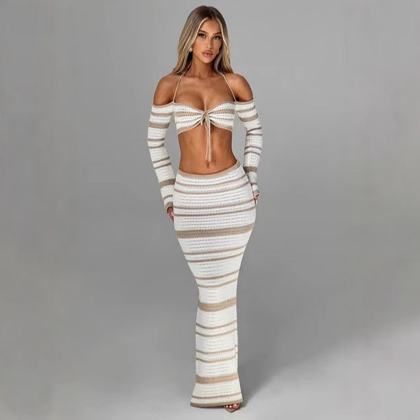Women Fashion Sexy Stripe Halter-Neck Top Set