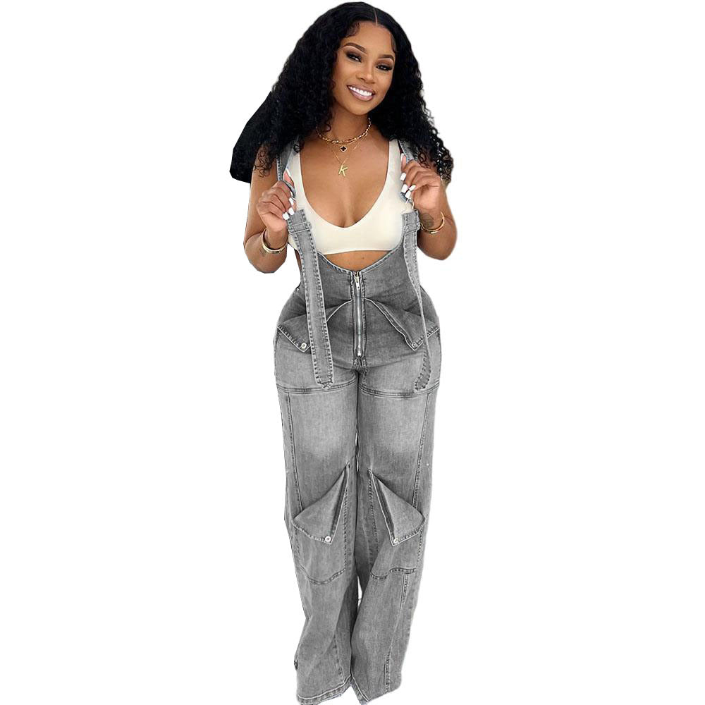 Women Casual Denim Jumpsuit Sleeveless High Waist Street Style