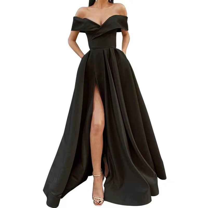 Women Sexy Elegant Satin Deep V-Neck Off Shoulder Party Dress