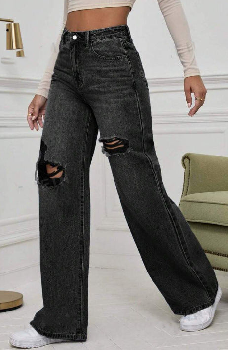 Women Casual Ripped Mid-Waist Wide Leg Jeans