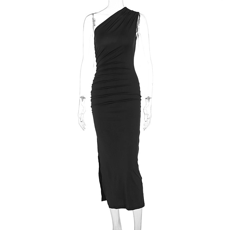 Women Fashion Sexy Solid Color Slant Shoulder Dress