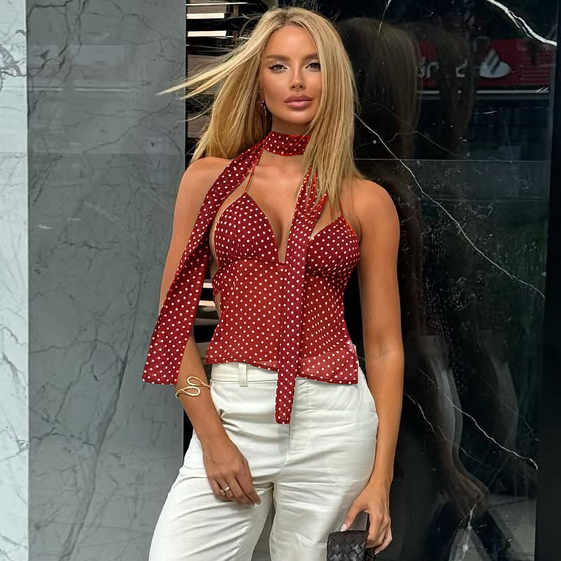Haut court sexy à lacets et imprimé pois pour femme