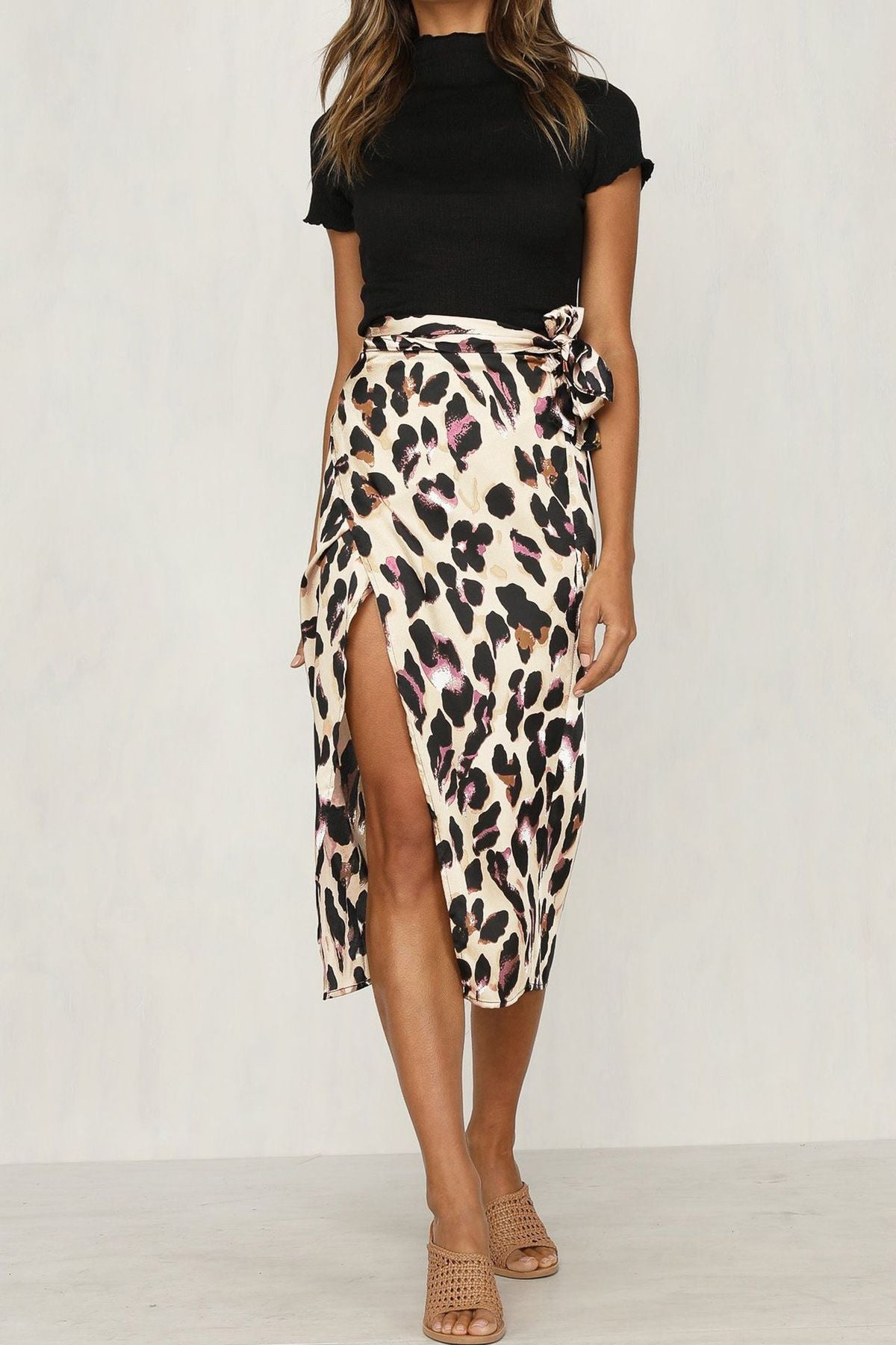 Falda midi elegante con estampado de leopardo para mujer