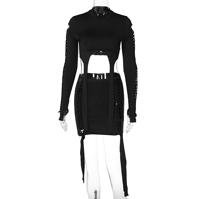 Women Fashion Sexy Solid Color Ripped Two-Piece Set