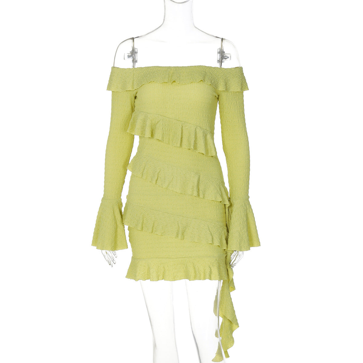 Robe à volants et manches évasées pour femme, couleur unie, épaules dénudées, ruban