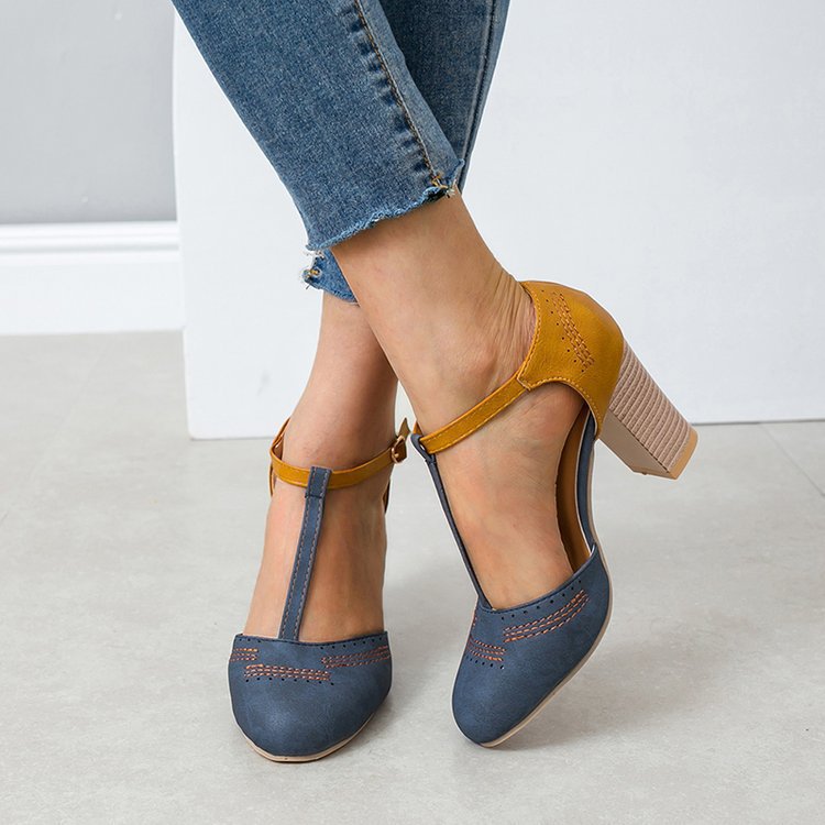 Zapatos de tacón alto con punta redonda y diseño de bloques de color de ante para mujer