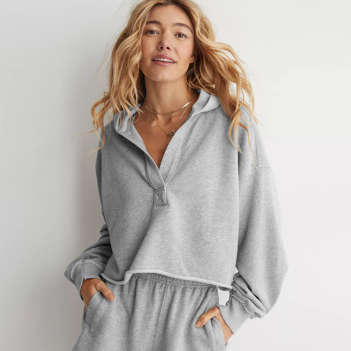 Women Solid Color V-Neck Long Sleeve Hoodies with Loose Fit