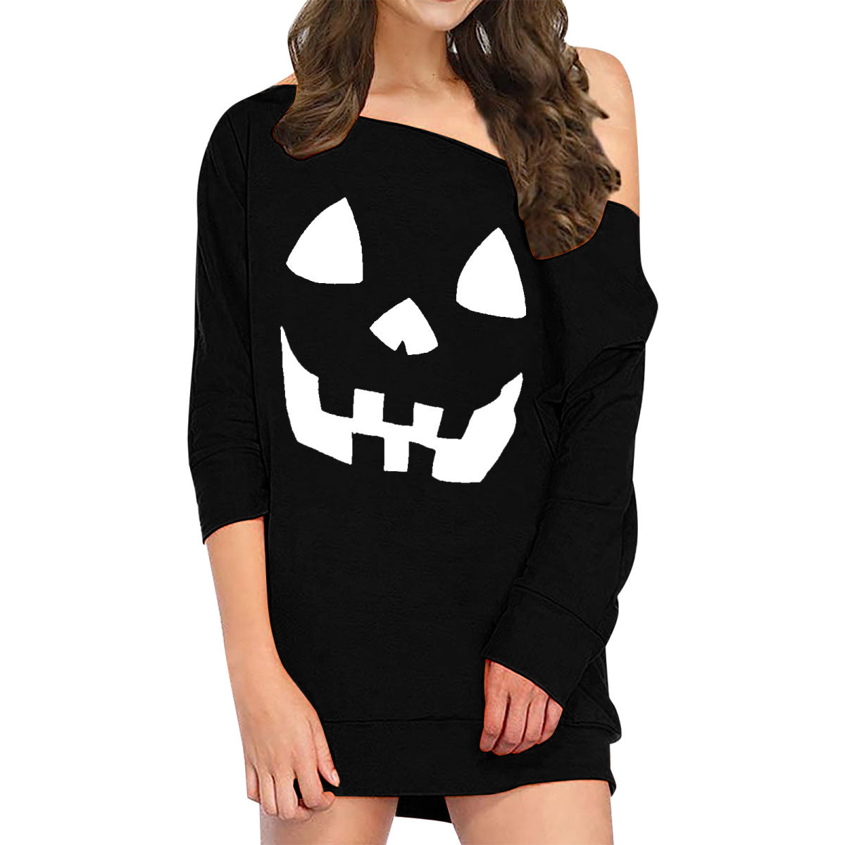 Vestido holgado de manga larga con estampado de calabaza y sonrisa de Halloween para mujer