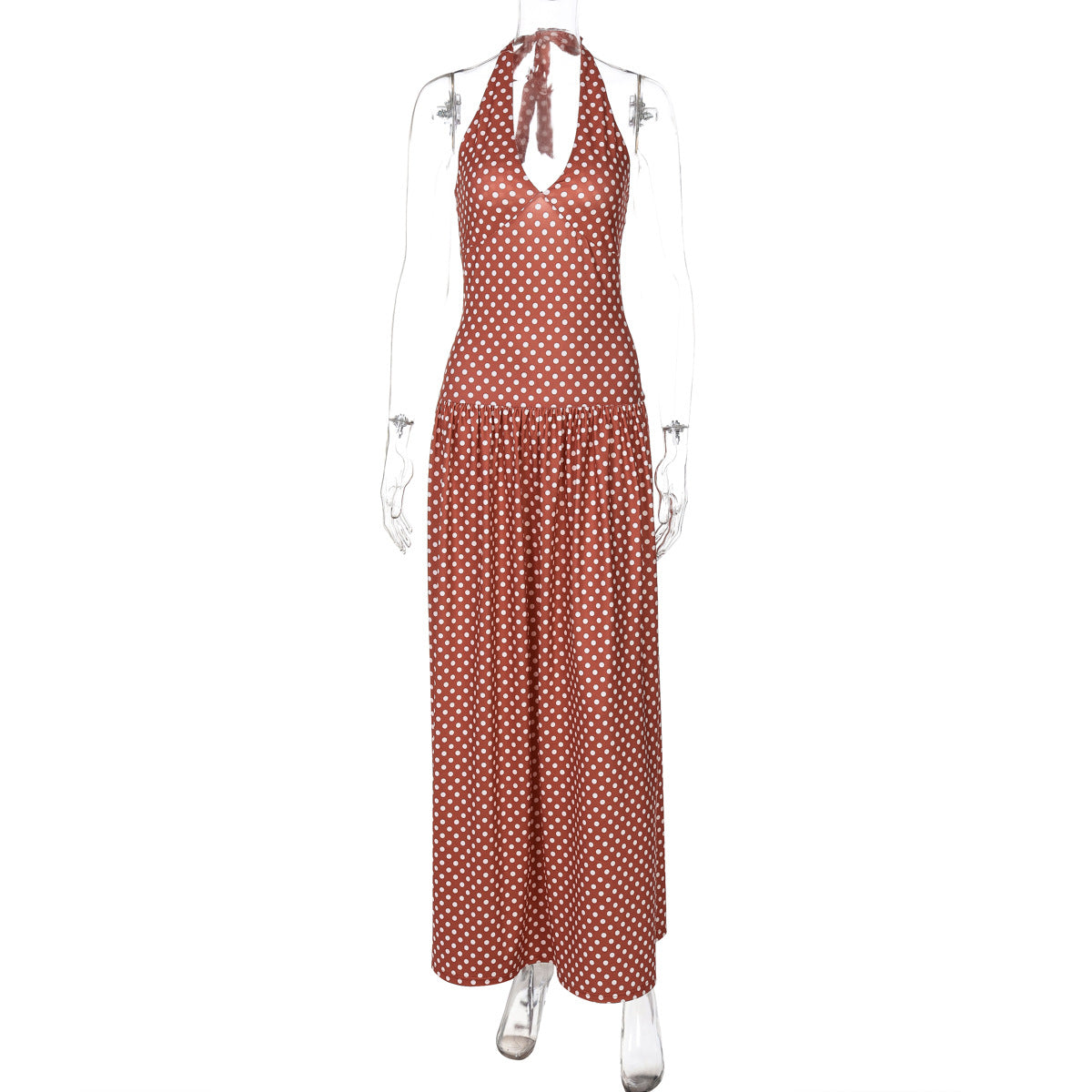 Women Fashion Sexy Polo Dot Printed V Neck Dress with Lace Up
