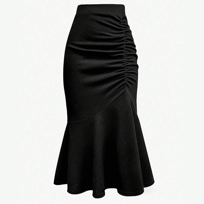 Women Casual Solid Color Pleated Fishtail Midi Skirt
