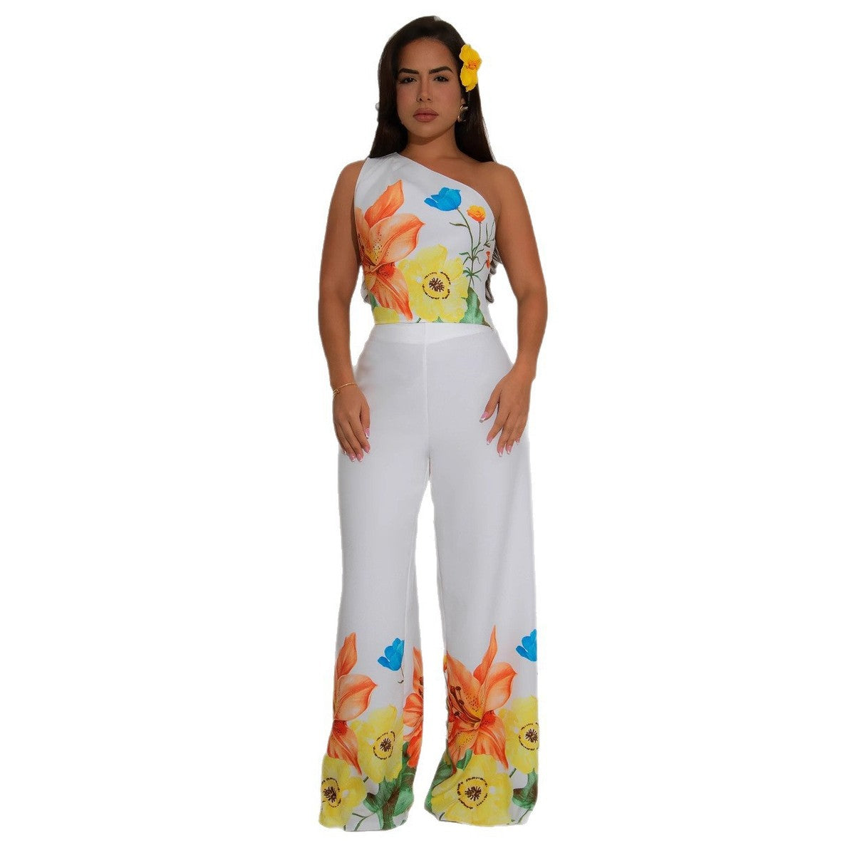 Ensemble élégant haut court sans manches et pantalon large à imprimé floral pour femme