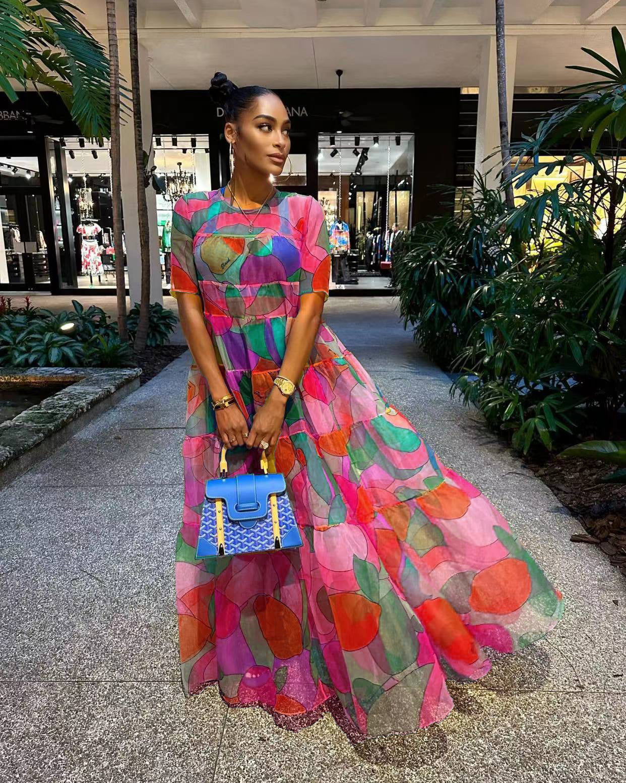 Summer Vacation Women Boho Mesh Leaf Floral Print Maxi Dress