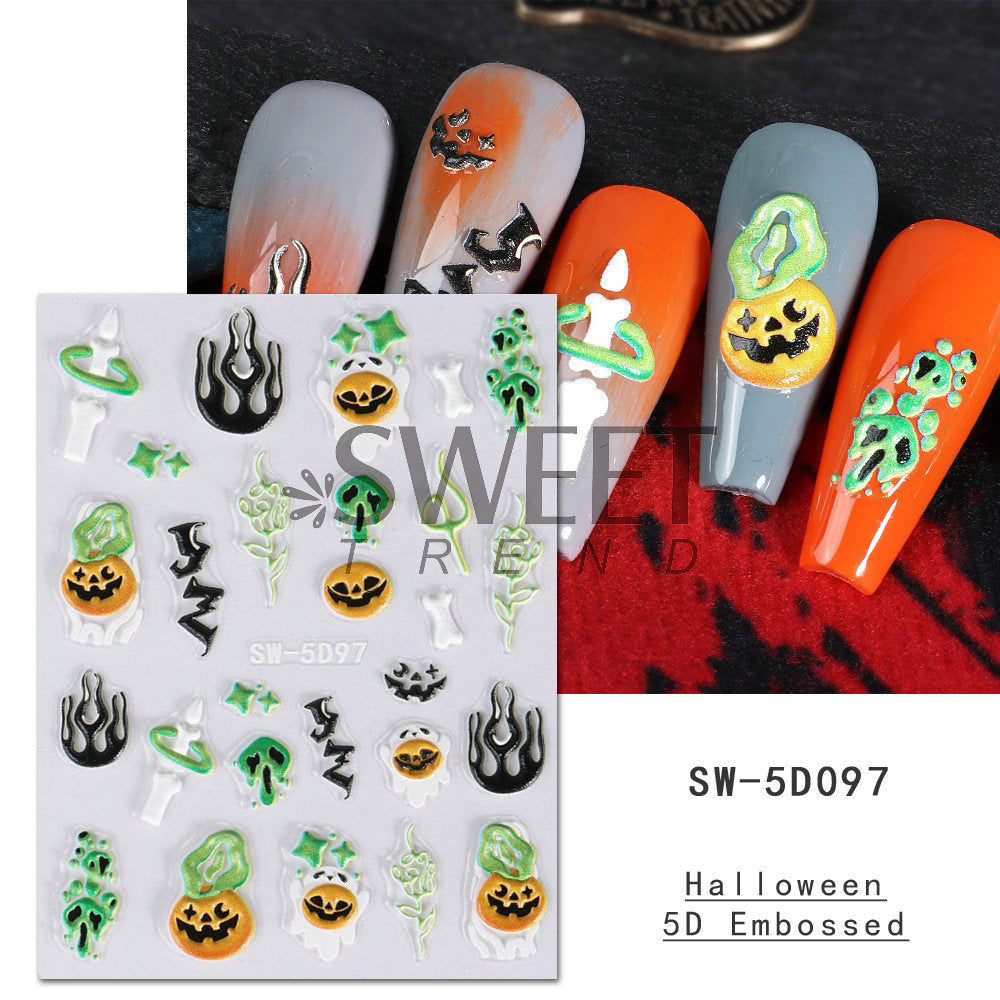 Autocollants pour ongles 5D en relief pour femmes, motif tête de mort, araignée, os, citrouille, Halloween