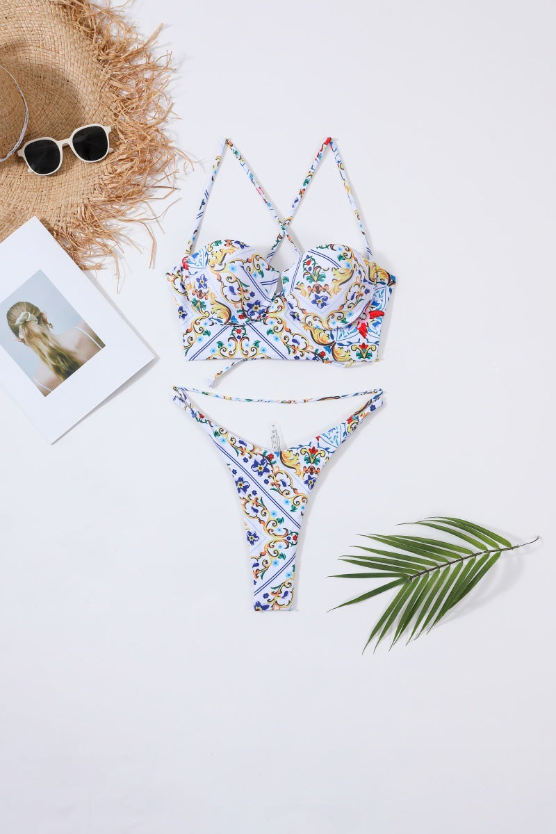 Maillot de bain bikini sexy à lacets et imprimé floral tropical pour femme