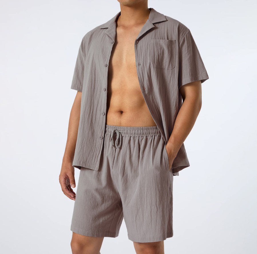 Conjunto informal de dos piezas de lino y algodón de manga corta para hombre