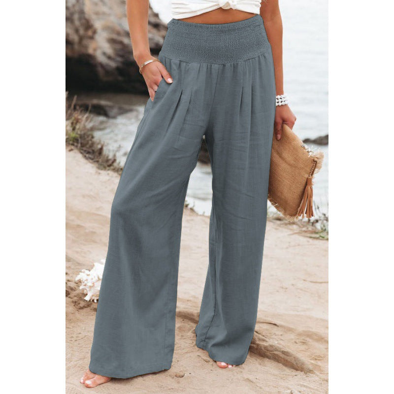 Women Fashion Casual Solid Color Cotton Linen Wide Leg Pants