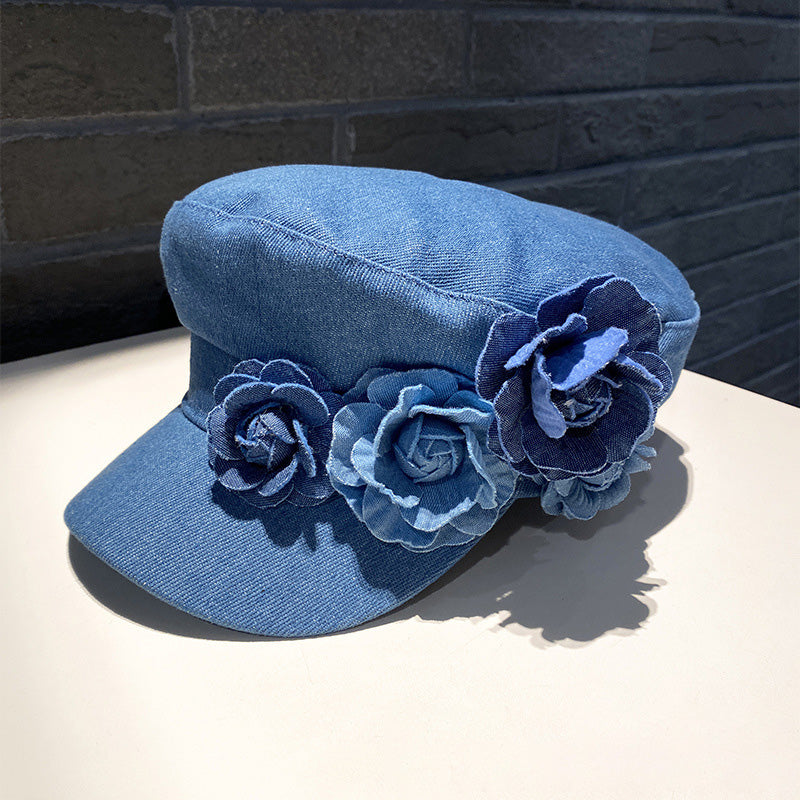 Women Fashion Casual Flower Decoration Denim Flat Hat