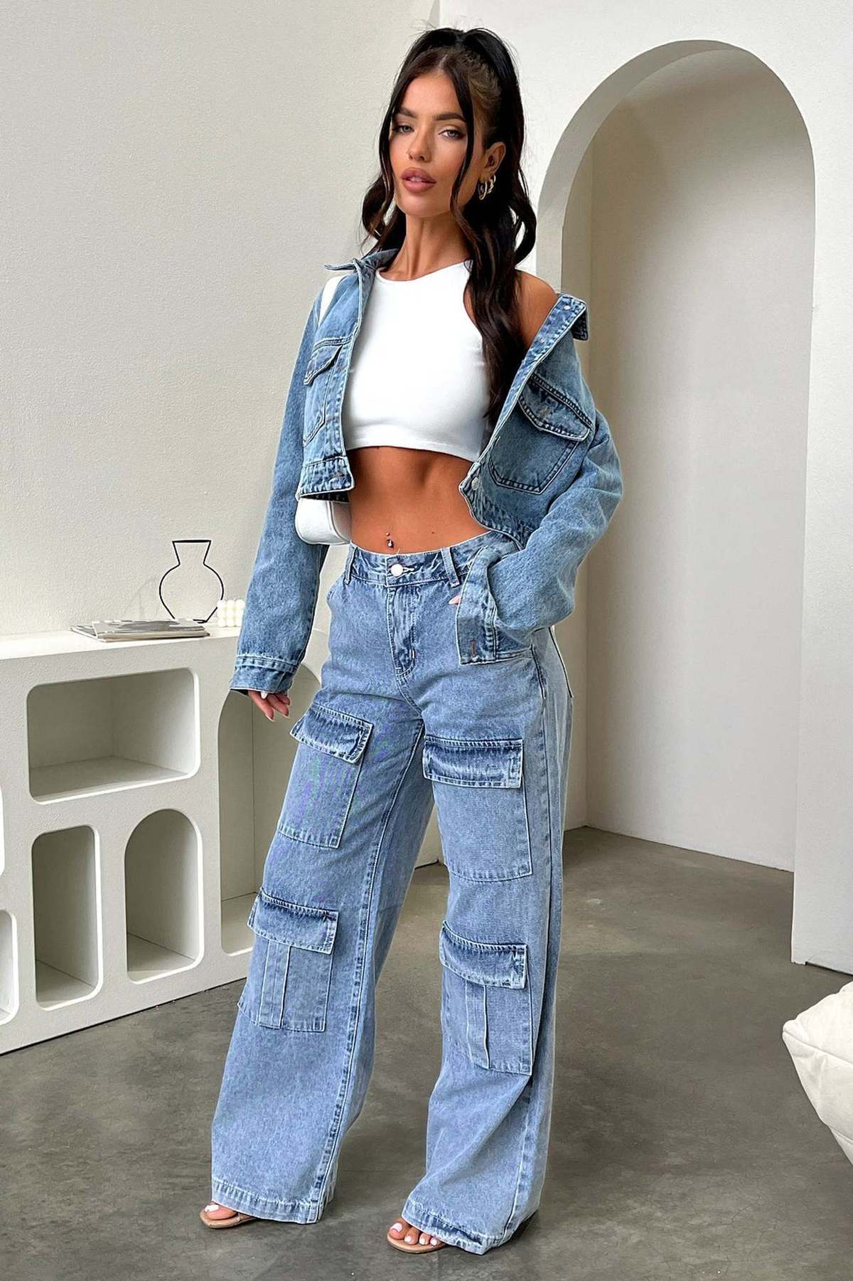 Jean large multi-poches décontracté à la mode pour femme