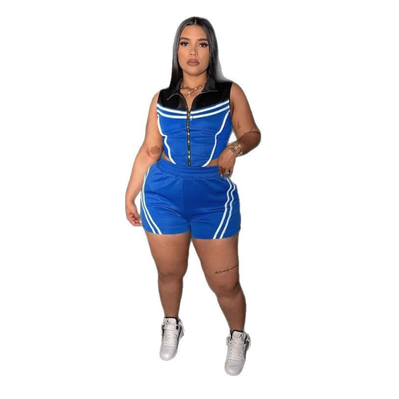 Conjunto de dos piezas de top y pantalones cortos sin mangas con costuras de rayas informales para mujer