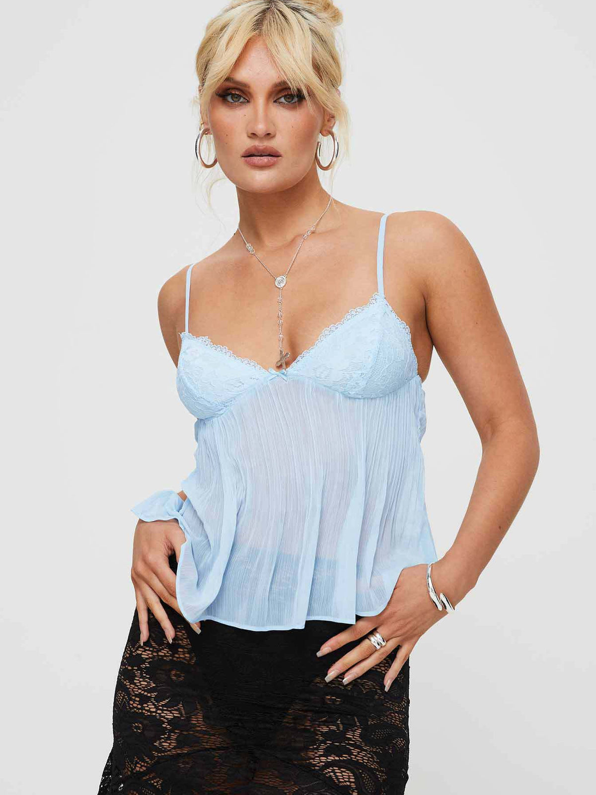 Women Fashion Sexy Solid Color Lace Perspective Backless Camisole