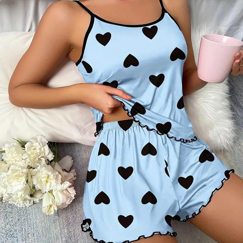 Women Fashion Sexy Love Printed Camisole Pajamas Set