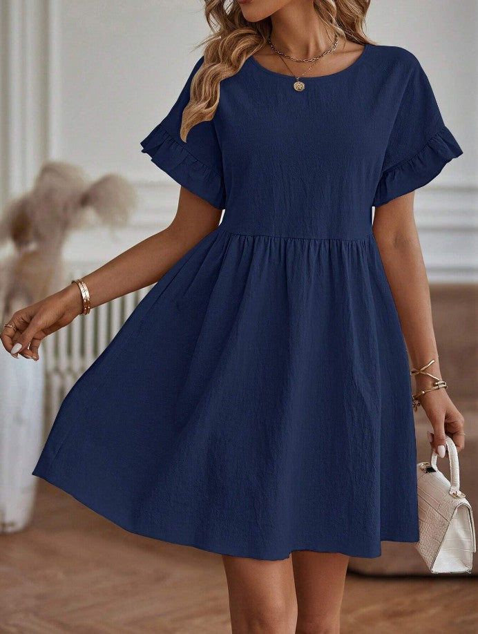 Summer Women Casual Solid Color Round Neck Dress