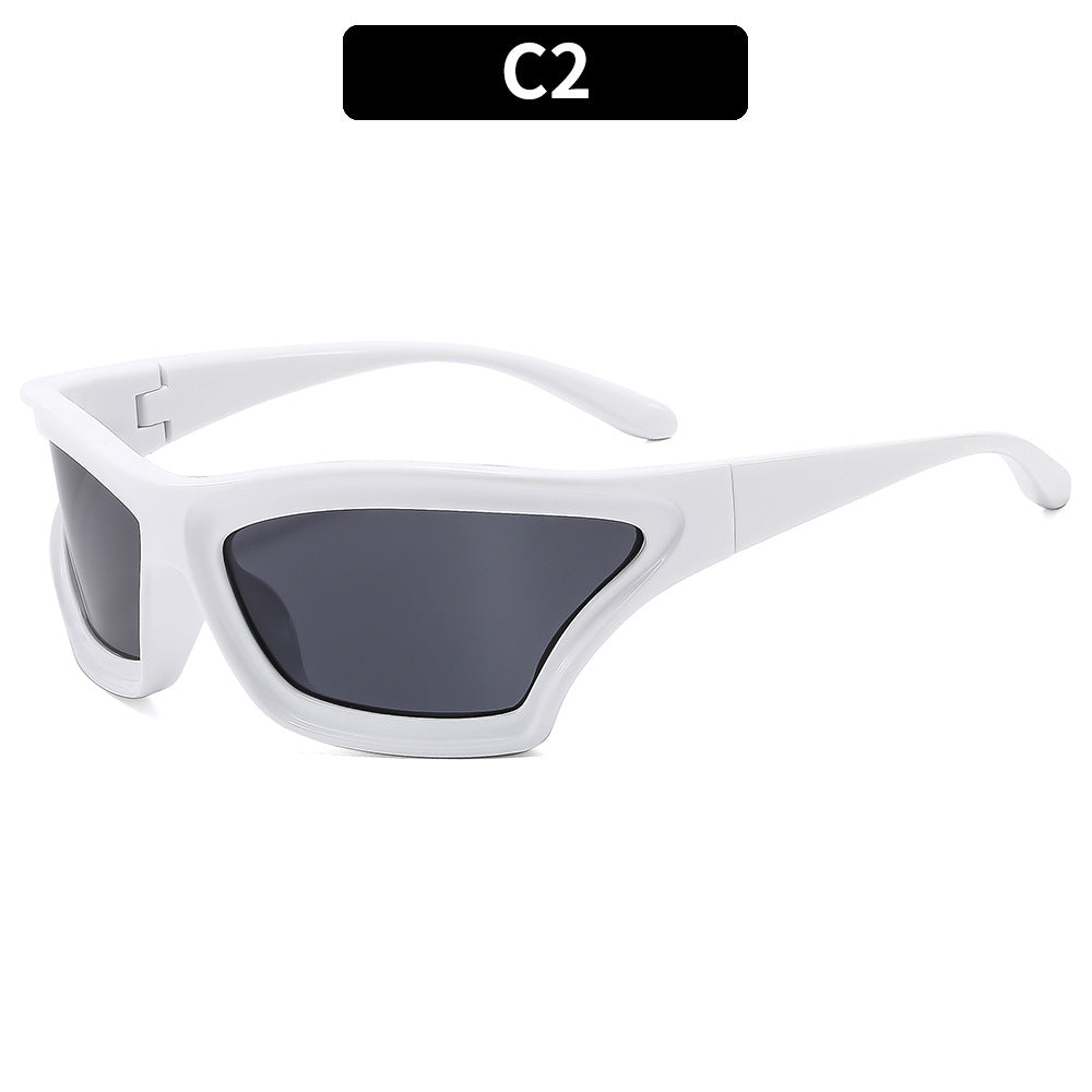 Gafas de sol creativas de moda con montura irregular, lentes acrílicas y montura de PC.
