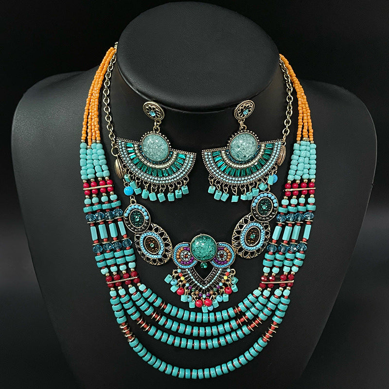 Bohemian Bead String Earrings Necklace Jewelry Suit