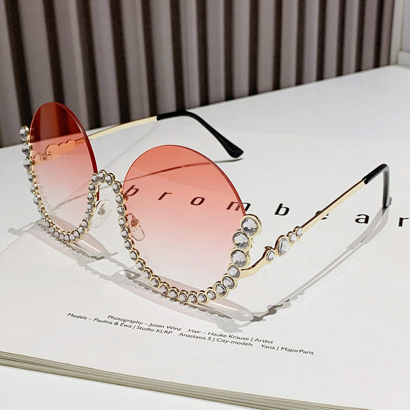 Fashion Metal Rhinestone Round Half Frame Sunglasses