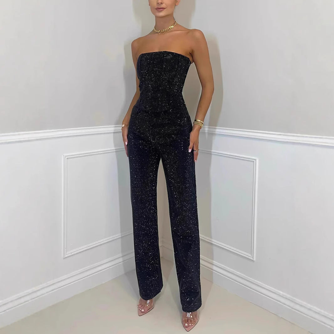 Women Fashion Sexy Solid Color Rhinestone Tube Top Set