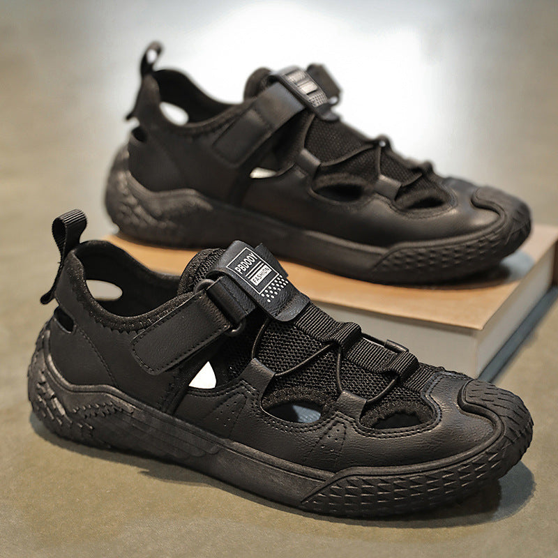 Sandales plates à enfiler pour homme, style plage, avec doublure en maille et scratch