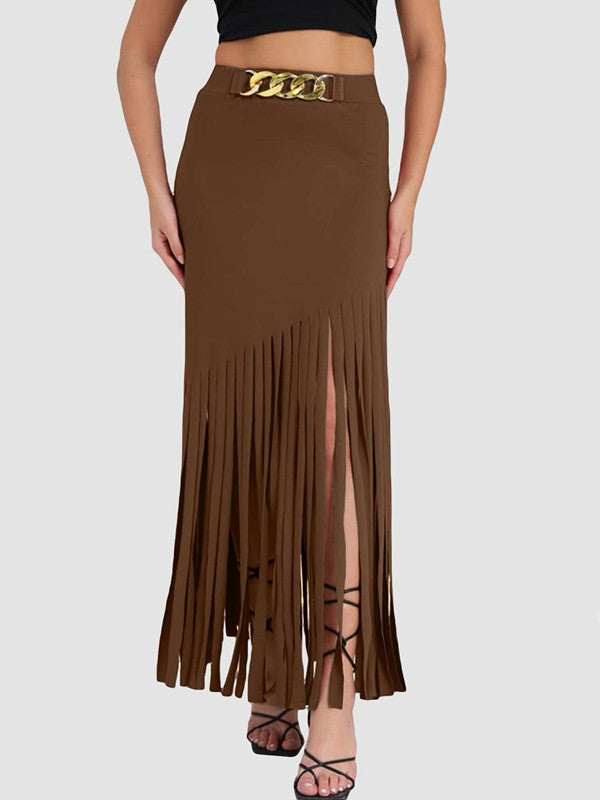 Women Fashion Sexy Solid Color Tassel Skirt