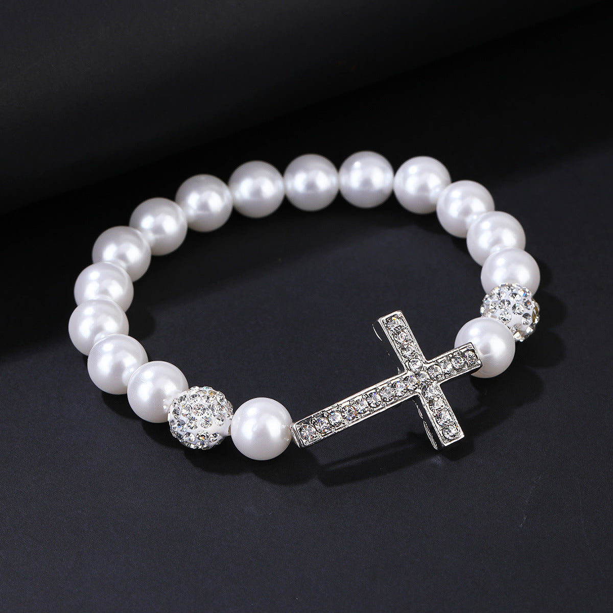 Women Fashion White Imitation Pearl Cross Bracelet